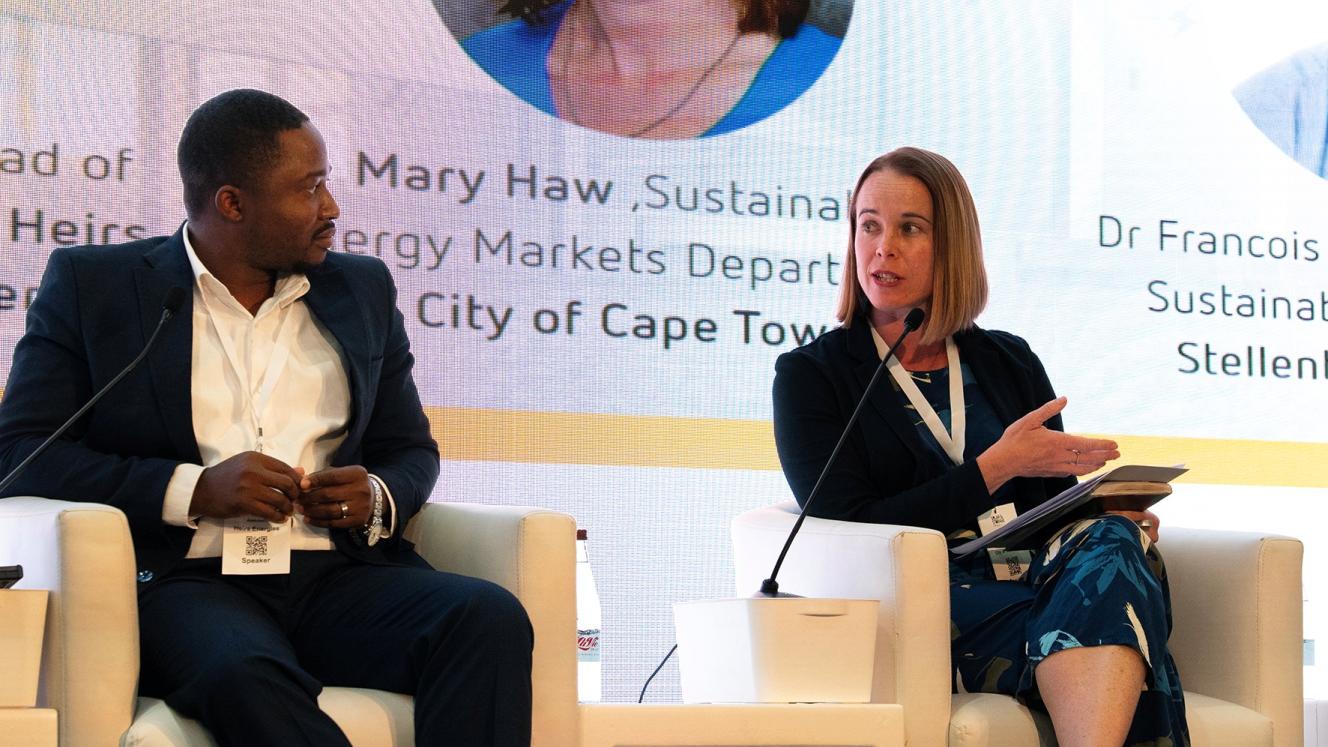Among the panel speakers were, from left: Joseph Adetuberu, Head of Commercial Operations, Heirs Energies, Nigeria and Mary Haw, Sustainable Energy Markets Department, City of Cape Town.