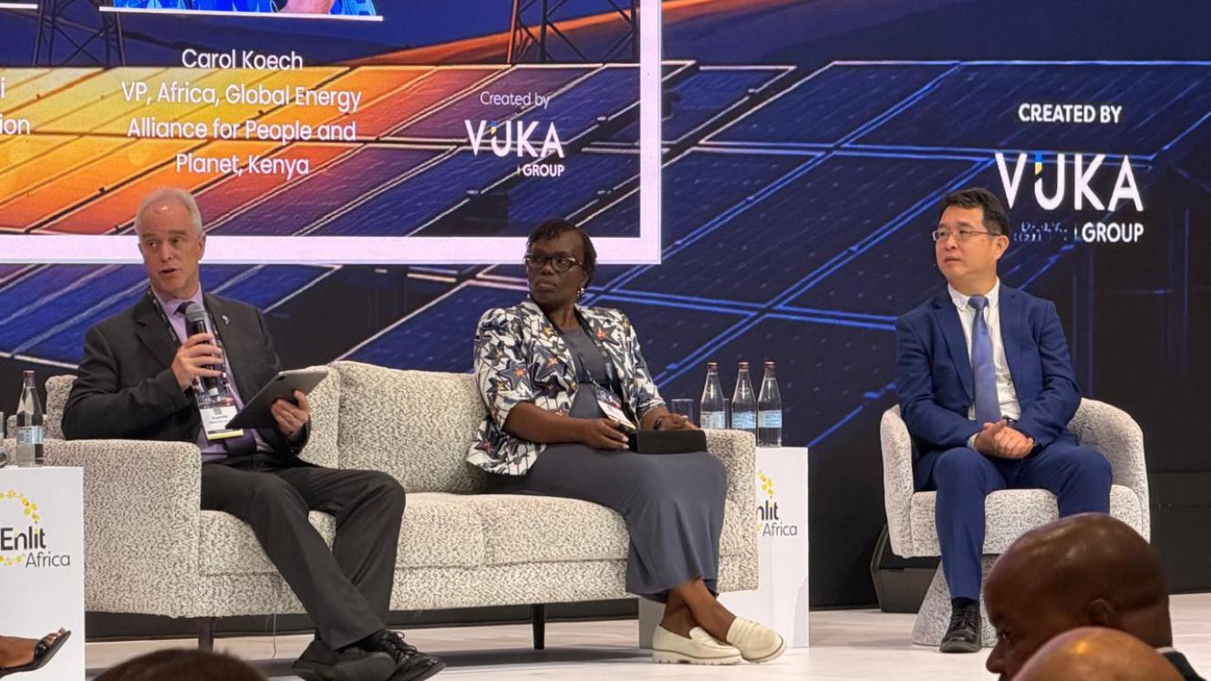 Angus Hay of Cassava Technologies, Carol Koech of Global Energy Alliance for People and Planet and Jacky Wang of Huawei during the opening panel discussion at Enlit Africa 2026.