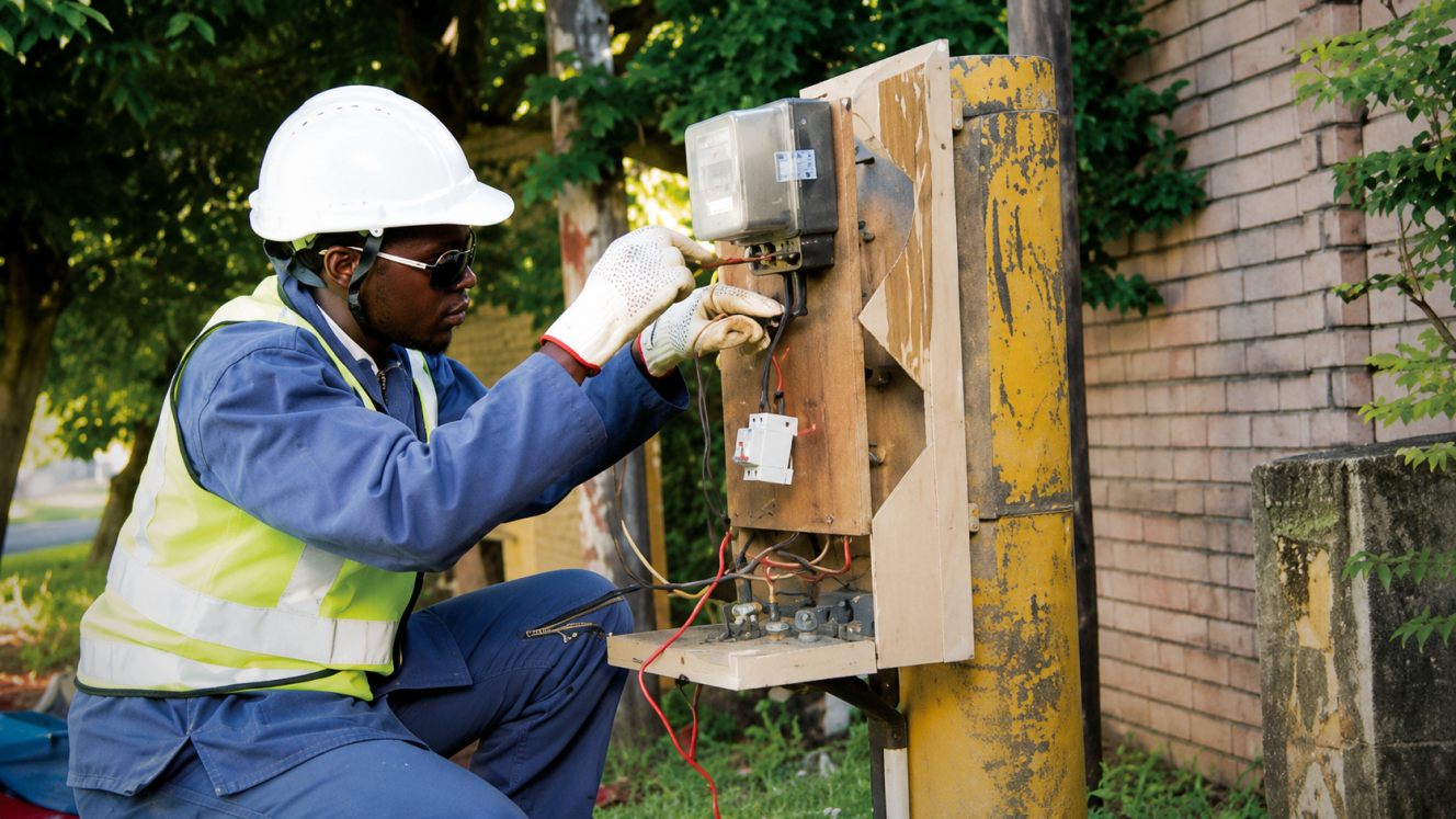 A technician works on distribution equipment.