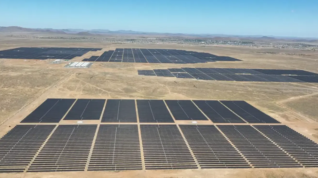 An aerial view of the Hydra solar and storage project near De Aar in the Northern Cape. 
