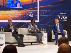 Angus Hay of Cassava Technologies, Carol Koech of Global Energy Alliance for People and Planet and Jacky Wang of Huawei during the opening panel discussion at Enlit Africa 2026.